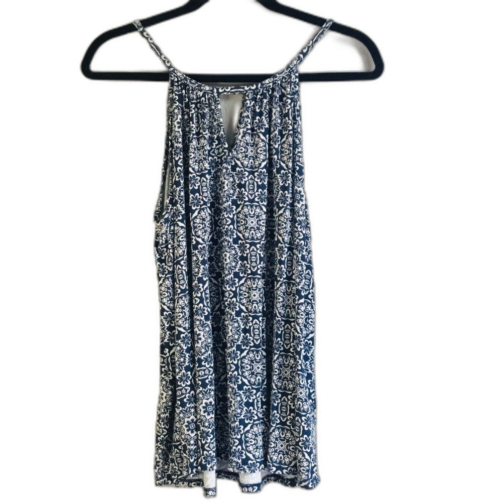 Navy blue & white geometric henna style pattern summer top keyhole front beach M